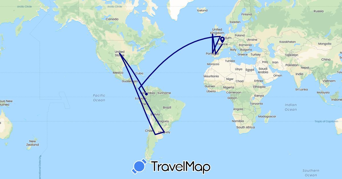 TravelMap itinerary: driving in Argentina, Colombia, Spain, France, United Kingdom, Ireland, Panama, Portugal, United States, Uruguay (Europe, North America, South America)
